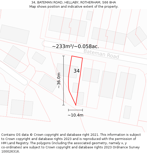 34, BATEMAN ROAD, HELLABY, ROTHERHAM, S66 8HA: Plot and title map