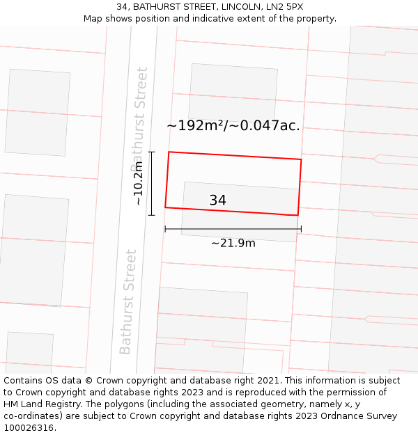 34, BATHURST STREET, LINCOLN, LN2 5PX: Plot and title map
