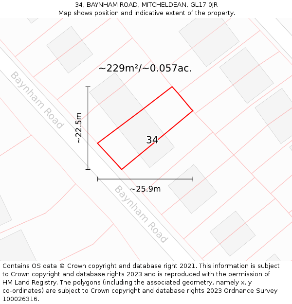 34, BAYNHAM ROAD, MITCHELDEAN, GL17 0JR: Plot and title map