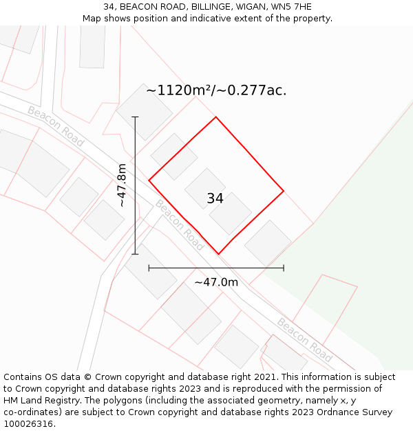 34, BEACON ROAD, BILLINGE, WIGAN, WN5 7HE: Plot and title map