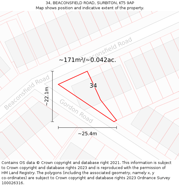 34, BEACONSFIELD ROAD, SURBITON, KT5 9AP: Plot and title map