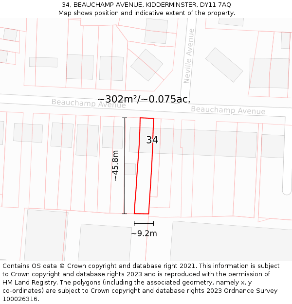 34, BEAUCHAMP AVENUE, KIDDERMINSTER, DY11 7AQ: Plot and title map