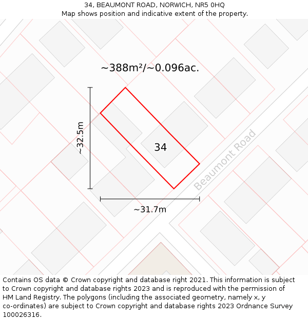 34, BEAUMONT ROAD, NORWICH, NR5 0HQ: Plot and title map