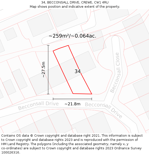 34, BECCONSALL DRIVE, CREWE, CW1 4RU: Plot and title map