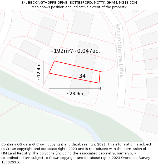 34, BECKINGTHORPE DRIVE, BOTTESFORD, NOTTINGHAM, NG13 0DN: Plot and title map