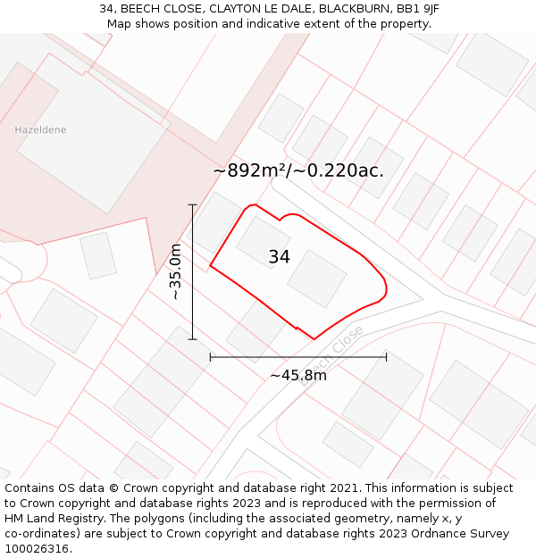 34, BEECH CLOSE, CLAYTON LE DALE, BLACKBURN, BB1 9JF: Plot and title map