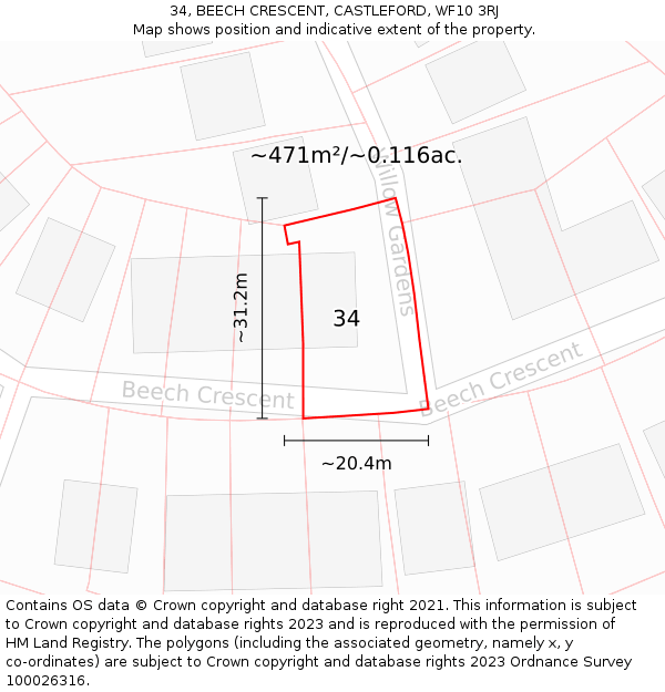 34, BEECH CRESCENT, CASTLEFORD, WF10 3RJ: Plot and title map