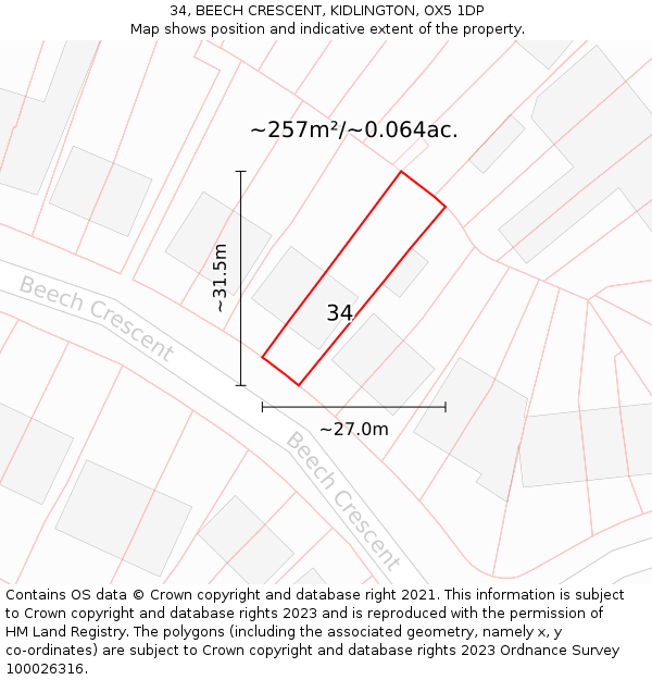 34, BEECH CRESCENT, KIDLINGTON, OX5 1DP: Plot and title map