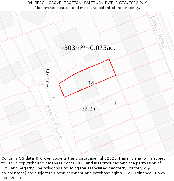 34, BEECH GROVE, BROTTON, SALTBURN-BY-THE-SEA, TS12 2UY: Plot and title map
