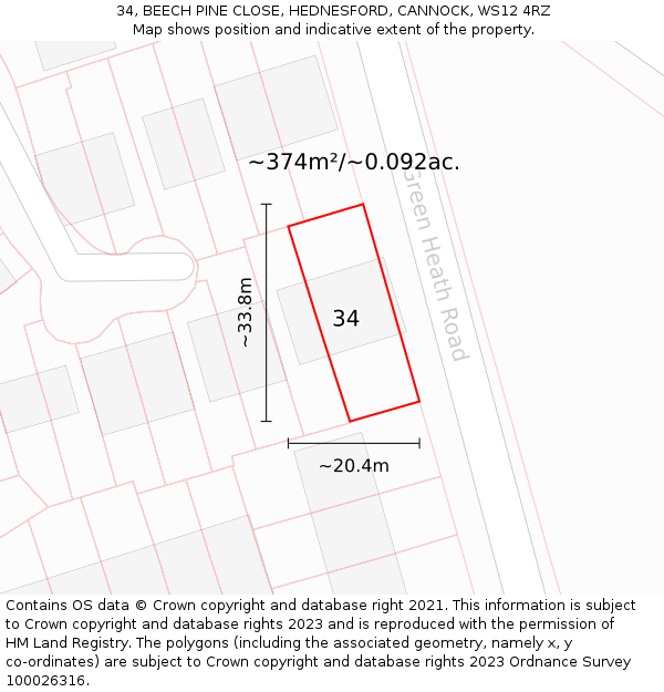 34, BEECH PINE CLOSE, HEDNESFORD, CANNOCK, WS12 4RZ: Plot and title map
