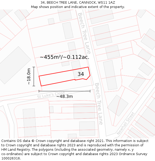 34, BEECH TREE LANE, CANNOCK, WS11 1AZ: Plot and title map