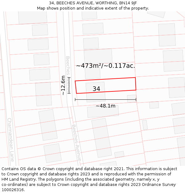 34, BEECHES AVENUE, WORTHING, BN14 9JF: Plot and title map