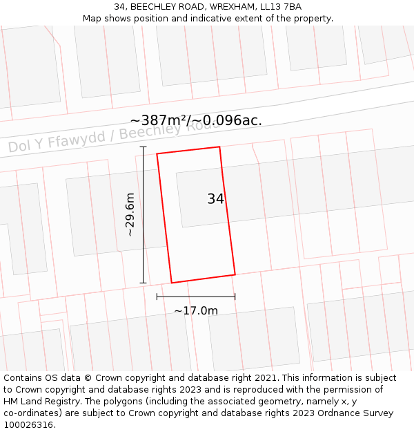34, BEECHLEY ROAD, WREXHAM, LL13 7BA: Plot and title map