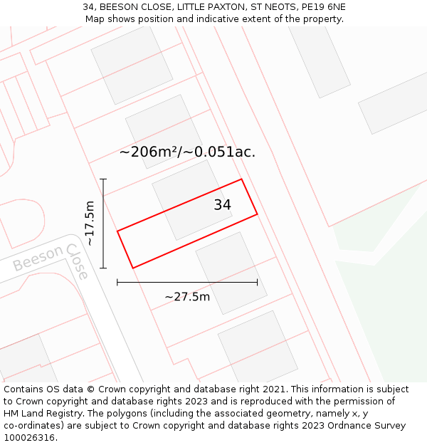 34, BEESON CLOSE, LITTLE PAXTON, ST NEOTS, PE19 6NE: Plot and title map