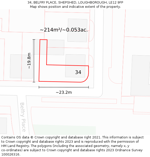 34, BELFRY PLACE, SHEPSHED, LOUGHBOROUGH, LE12 9FP: Plot and title map