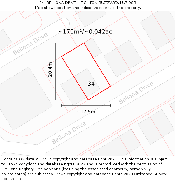 34, BELLONA DRIVE, LEIGHTON BUZZARD, LU7 9SB: Plot and title map