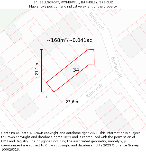 34, BELLSCROFT, WOMBWELL, BARNSLEY, S73 0UZ: Plot and title map