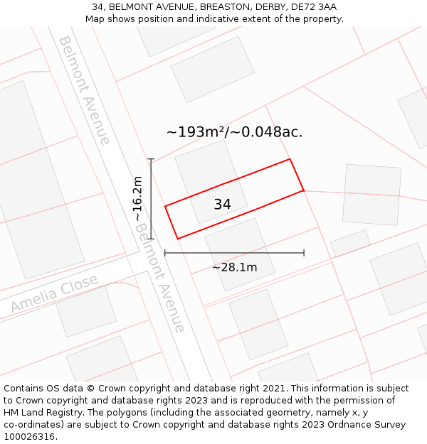 34, BELMONT AVENUE, BREASTON, DERBY, DE72 3AA: Plot and title map