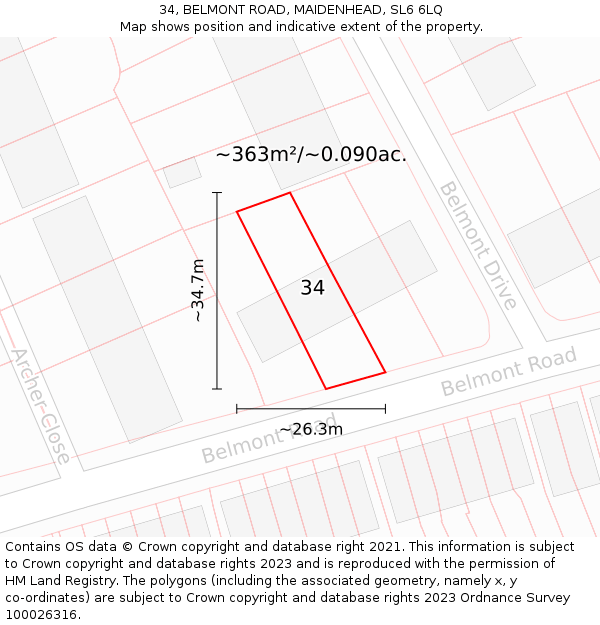 34, BELMONT ROAD, MAIDENHEAD, SL6 6LQ: Plot and title map