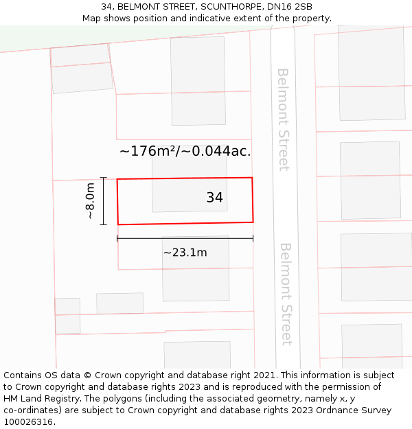 34, BELMONT STREET, SCUNTHORPE, DN16 2SB: Plot and title map