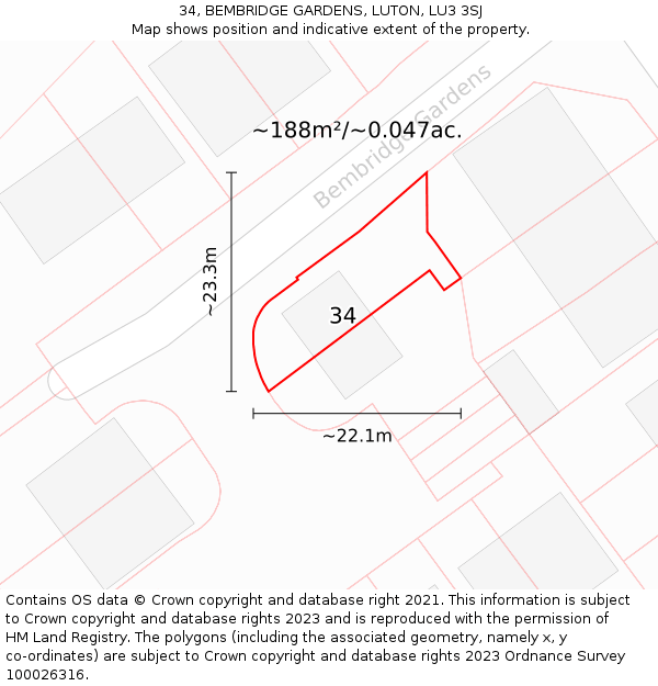 34, BEMBRIDGE GARDENS, LUTON, LU3 3SJ: Plot and title map
