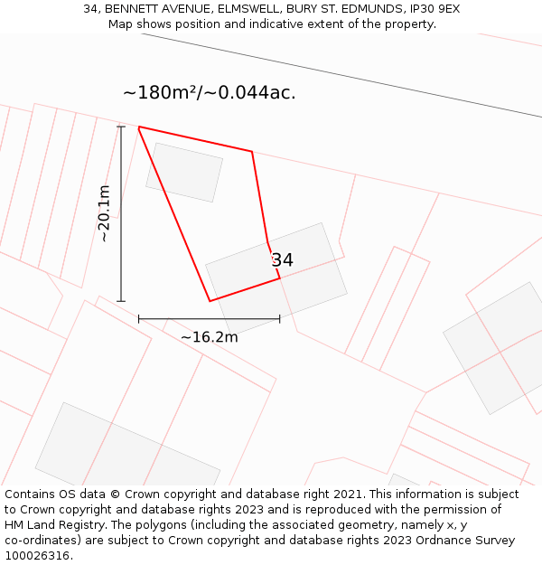 34, BENNETT AVENUE, ELMSWELL, BURY ST. EDMUNDS, IP30 9EX: Plot and title map