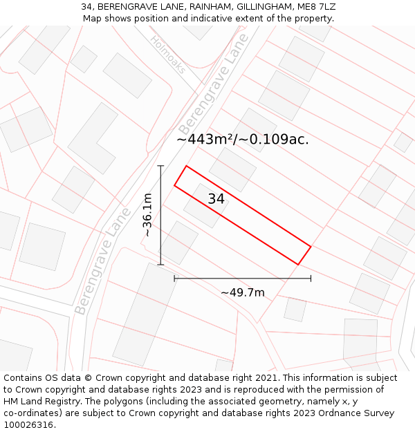 34, BERENGRAVE LANE, RAINHAM, GILLINGHAM, ME8 7LZ: Plot and title map