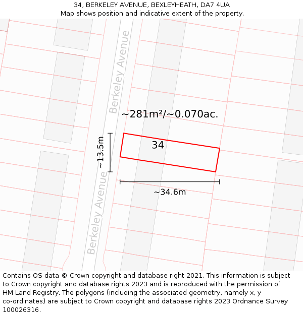 34, BERKELEY AVENUE, BEXLEYHEATH, DA7 4UA: Plot and title map