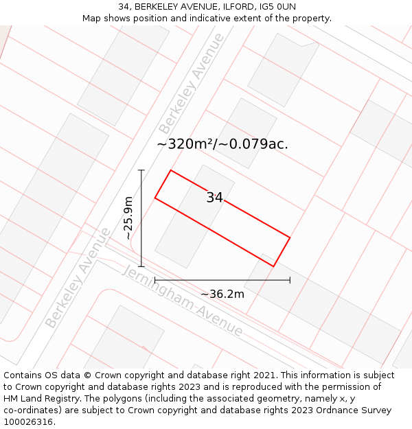 34, BERKELEY AVENUE, ILFORD, IG5 0UN: Plot and title map