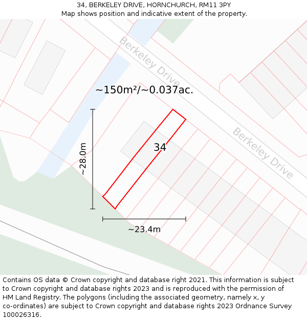 34, BERKELEY DRIVE, HORNCHURCH, RM11 3PY: Plot and title map