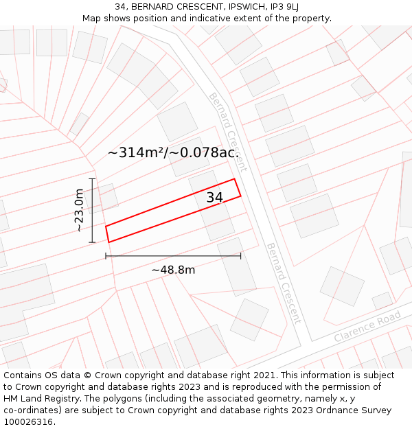 34, BERNARD CRESCENT, IPSWICH, IP3 9LJ: Plot and title map