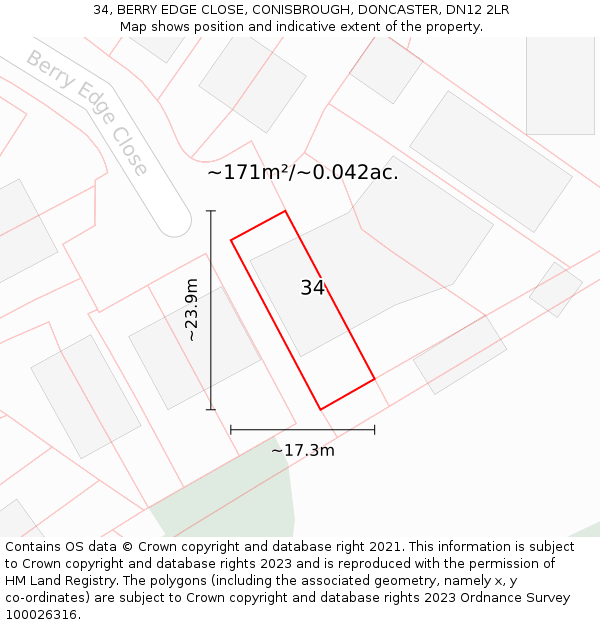 34, BERRY EDGE CLOSE, CONISBROUGH, DONCASTER, DN12 2LR: Plot and title map