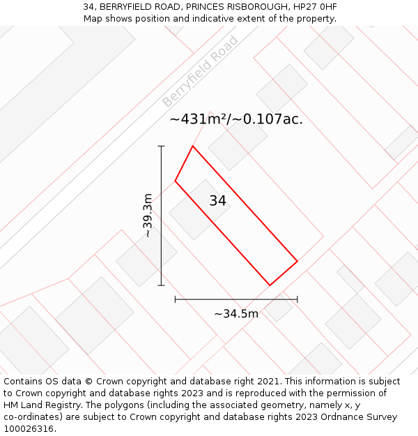 34, BERRYFIELD ROAD, PRINCES RISBOROUGH, HP27 0HF: Plot and title map