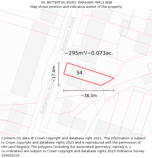 34, BETTERTON ROAD, RAINHAM, RM13 8NB: Plot and title map