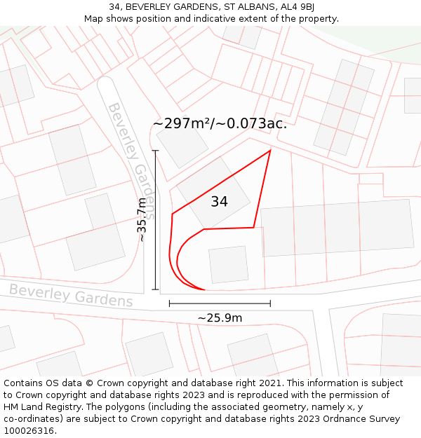34, BEVERLEY GARDENS, ST ALBANS, AL4 9BJ: Plot and title map