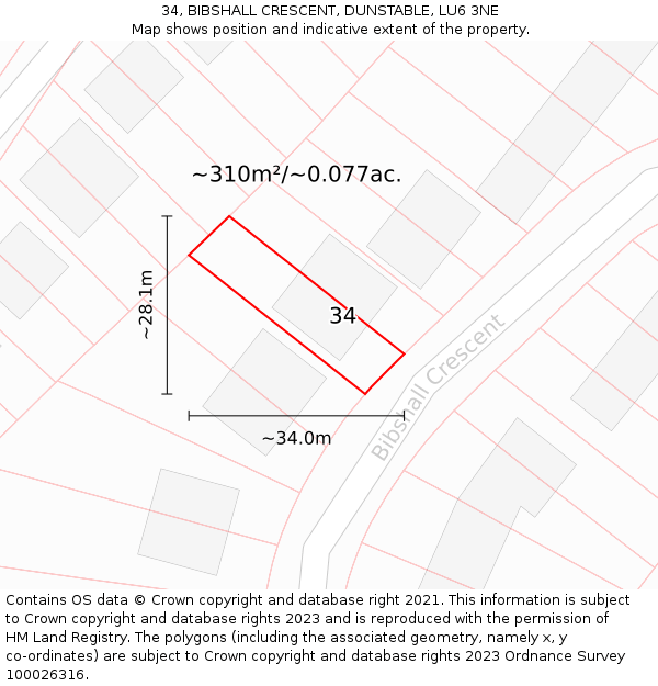 34, BIBSHALL CRESCENT, DUNSTABLE, LU6 3NE: Plot and title map