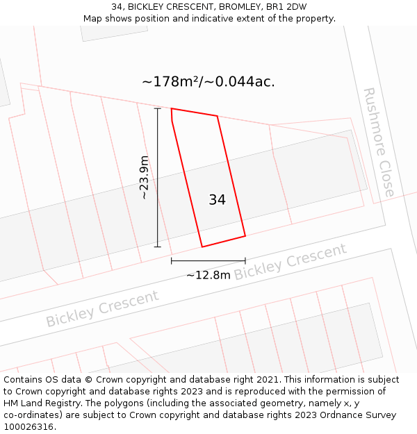 34, BICKLEY CRESCENT, BROMLEY, BR1 2DW: Plot and title map