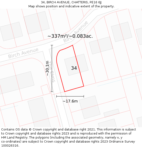 34, BIRCH AVENUE, CHATTERIS, PE16 6JJ: Plot and title map