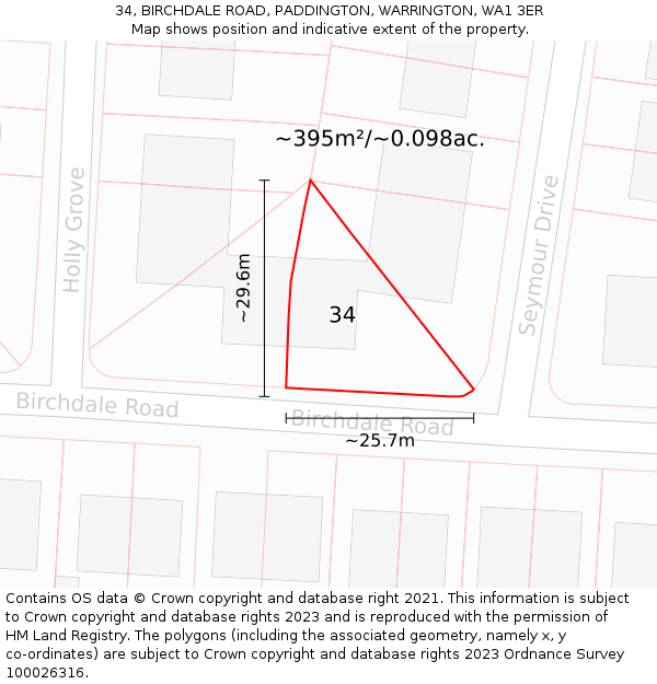 34, BIRCHDALE ROAD, PADDINGTON, WARRINGTON, WA1 3ER: Plot and title map