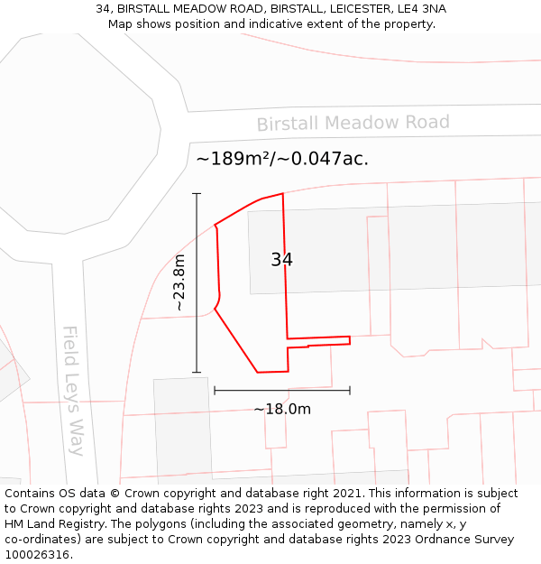 34, BIRSTALL MEADOW ROAD, BIRSTALL, LEICESTER, LE4 3NA: Plot and title map