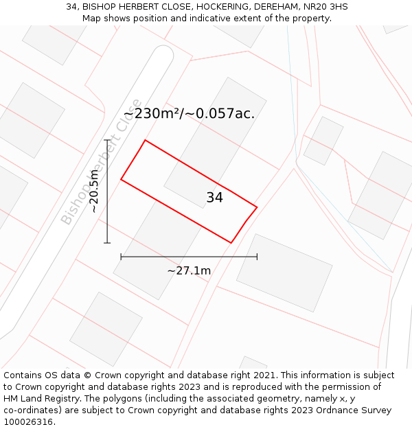 34, BISHOP HERBERT CLOSE, HOCKERING, DEREHAM, NR20 3HS: Plot and title map