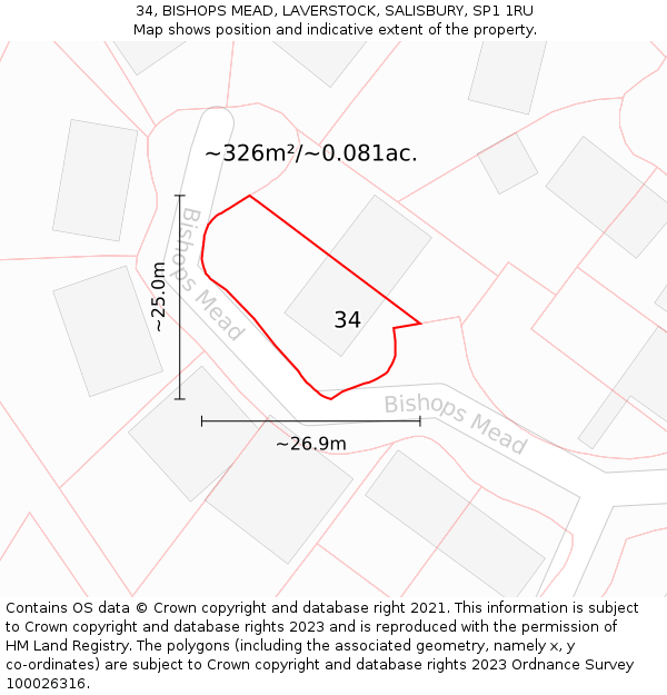 34, BISHOPS MEAD, LAVERSTOCK, SALISBURY, SP1 1RU: Plot and title map
