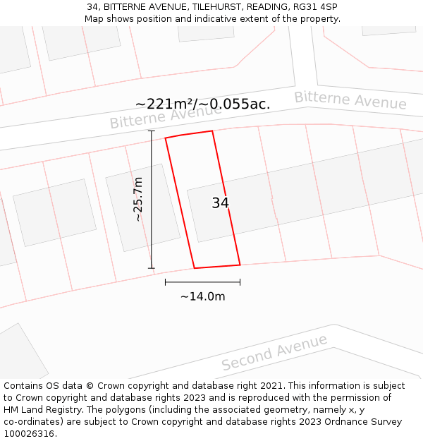 34, BITTERNE AVENUE, TILEHURST, READING, RG31 4SP: Plot and title map
