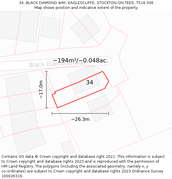 34, BLACK DIAMOND WAY, EAGLESCLIFFE, STOCKTON-ON-TEES, TS16 0SE: Plot and title map