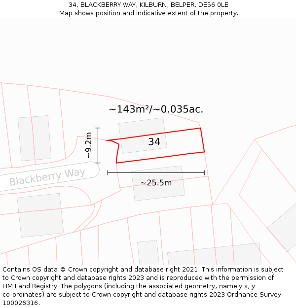 34, BLACKBERRY WAY, KILBURN, BELPER, DE56 0LE: Plot and title map