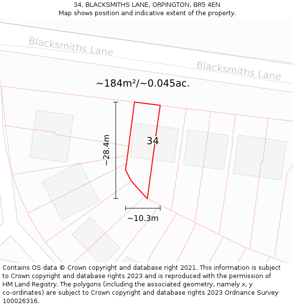 34, BLACKSMITHS LANE, ORPINGTON, BR5 4EN: Plot and title map