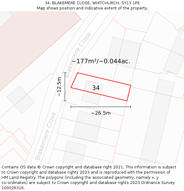34, BLAKEMERE CLOSE, WHITCHURCH, SY13 1PE: Plot and title map