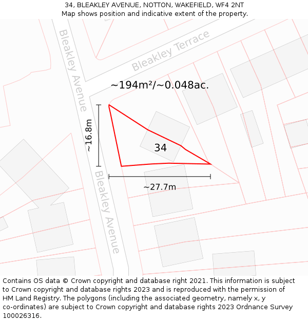 34, BLEAKLEY AVENUE, NOTTON, WAKEFIELD, WF4 2NT: Plot and title map