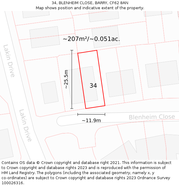 34, BLENHEIM CLOSE, BARRY, CF62 8AN: Plot and title map
