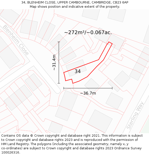 34, BLENHEIM CLOSE, UPPER CAMBOURNE, CAMBRIDGE, CB23 6AP: Plot and title map